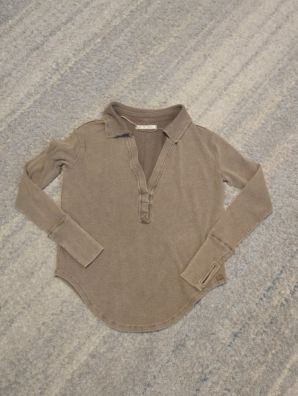 Free People We The Free Waffle Knit Henley Polo Pullover Top Taupe Brown XS Thum